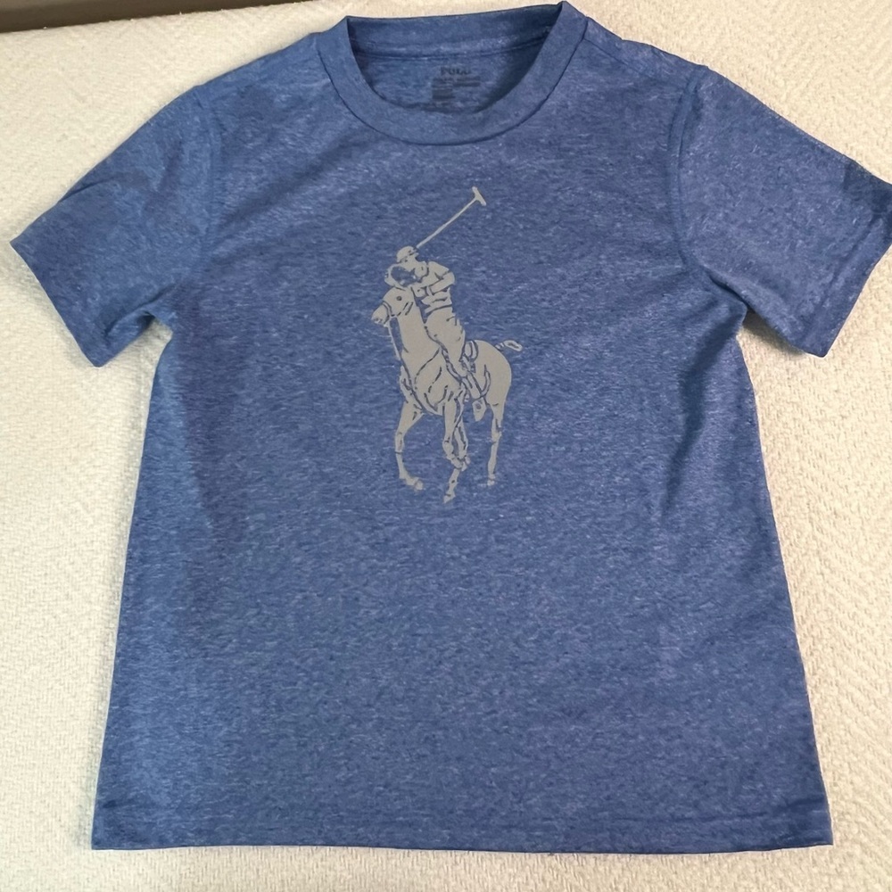 POLO Ralph Lauren Horse Logo Blue Performance Short Sleeve Tee Youth Boys Sz 6
